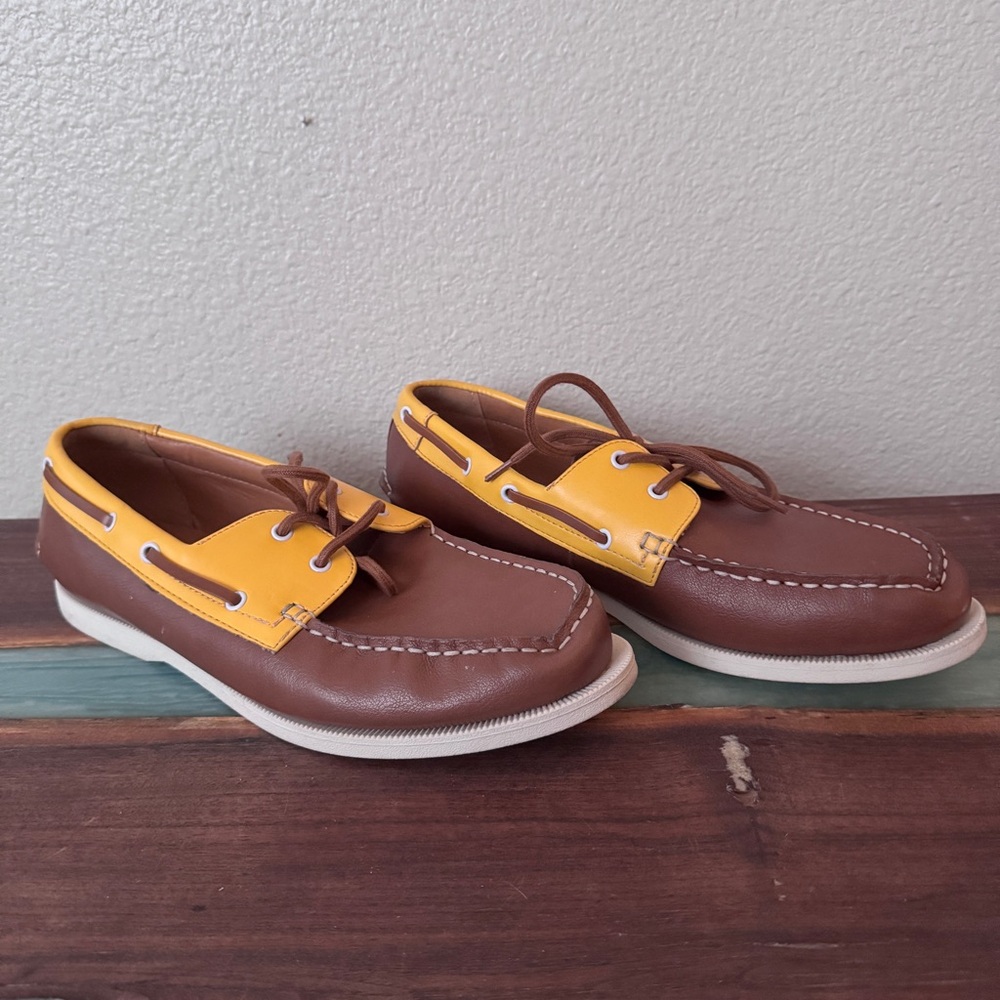 CLUBROOM Mens tan and yellow Comfort Elliot Round Toe Lace-Up Boat Shoes 10.5
